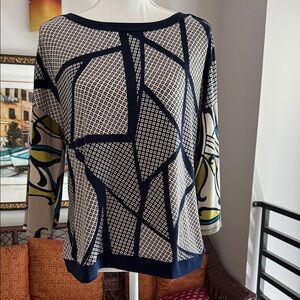 Chico's Navy & Cream Geometric Print Boatneck Top with Multicolor Sleeve Accents
